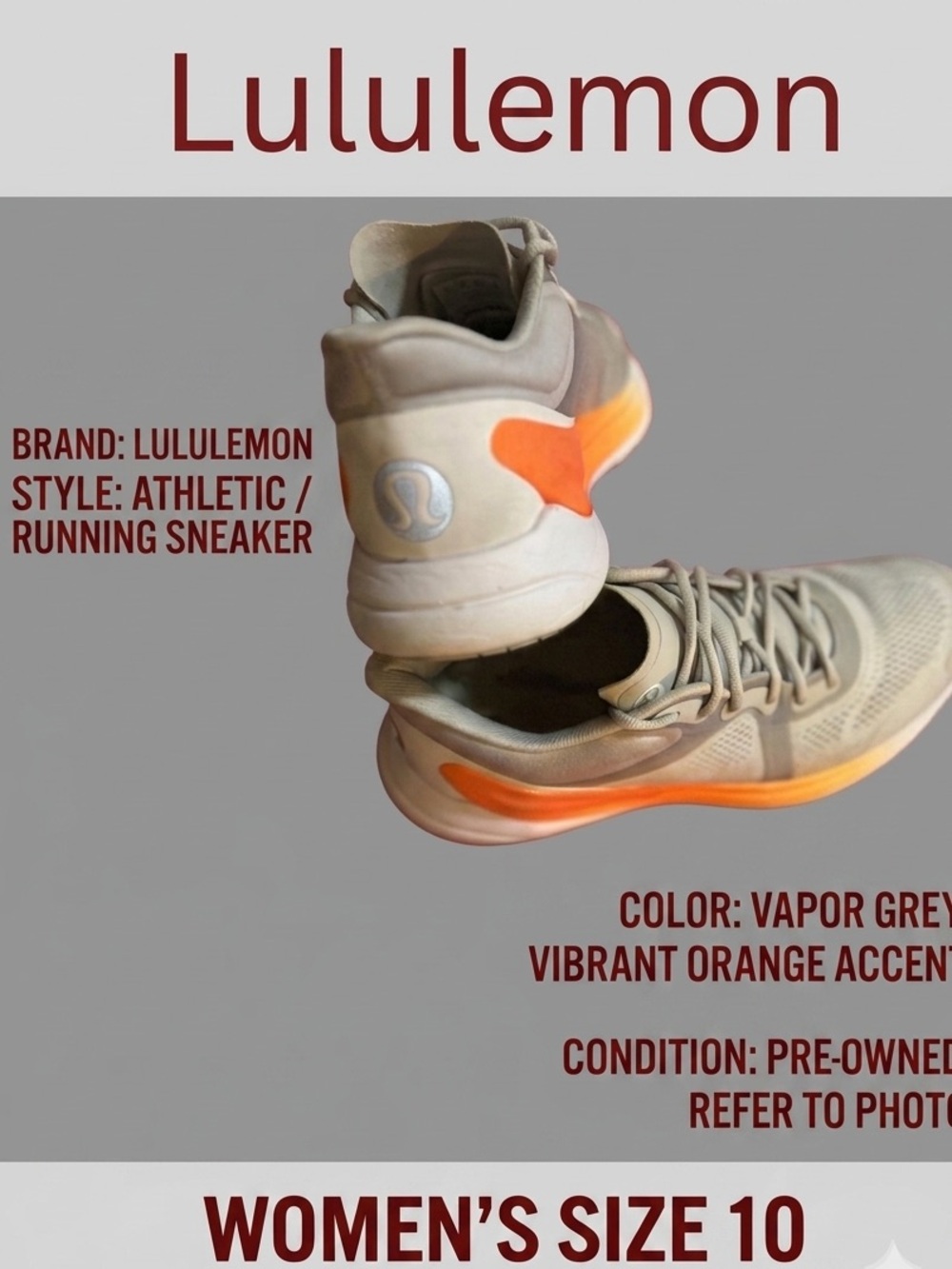 lululemon athletica Vapor Grey Athletic Sneakers with Orange Accents